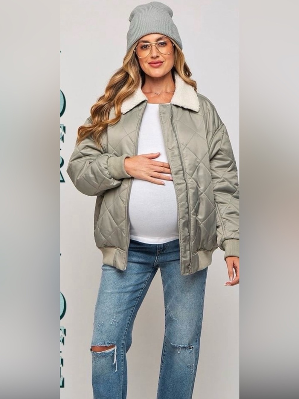 PINKBLUSH Quilted Sherpa Collar Maternity Bomber Jacket - Sage